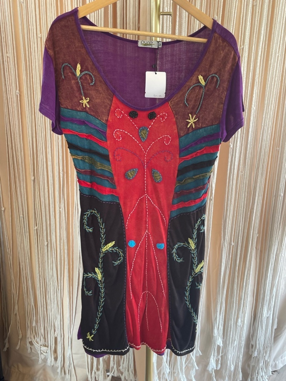 1990s vintage patchwork tunic mini dress wearable art red purple small S - Picture 3 of 9